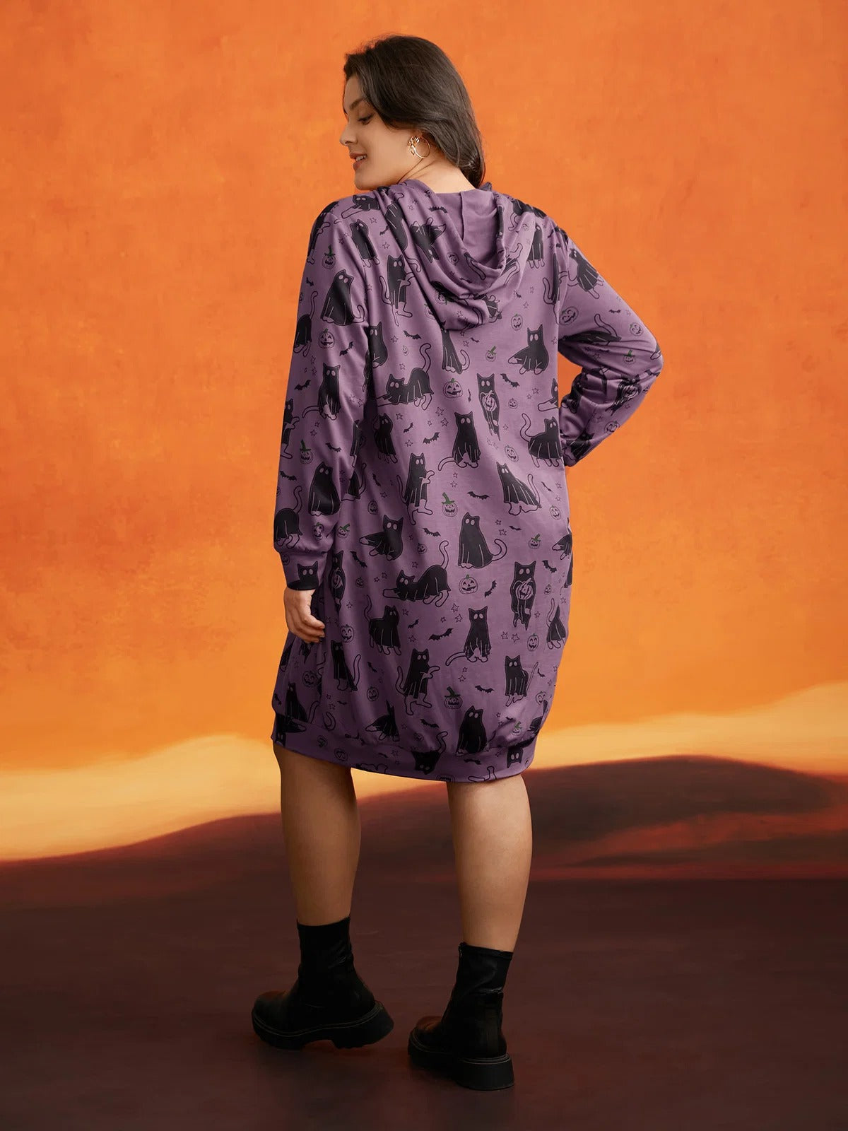 Pumpkin Cat Print Hooded Midi Lounge Dress