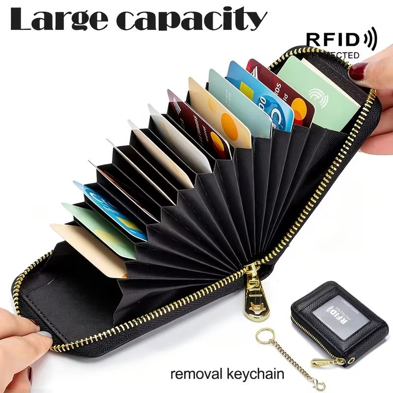 Women RFID Credit Card Holder Wallet, Keychain & ID Window Genuine Leather Zipper Card Case