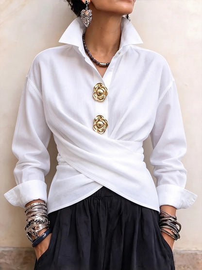Chic Wrap-Front Shirt with Gold Floral Buttons