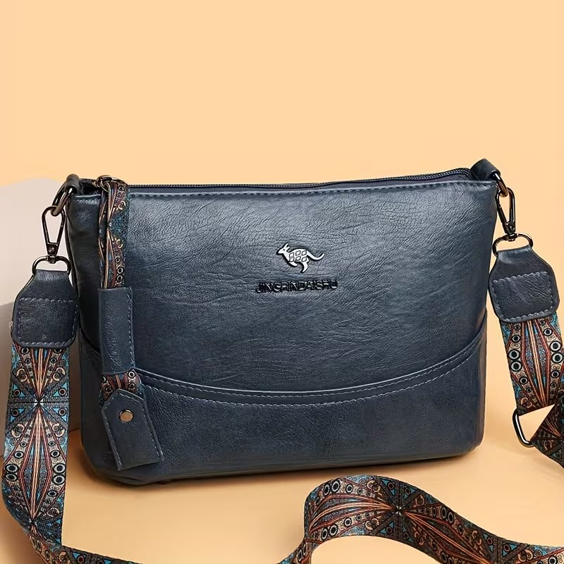 Vintage-Style Shoulder Bag with Bohemian Painted Strap and Hardware Accents