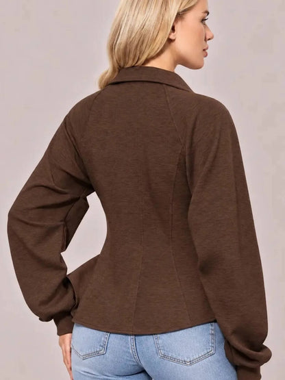 Women's Zip Up Ruched Sleeve Peplum Hem Jacket