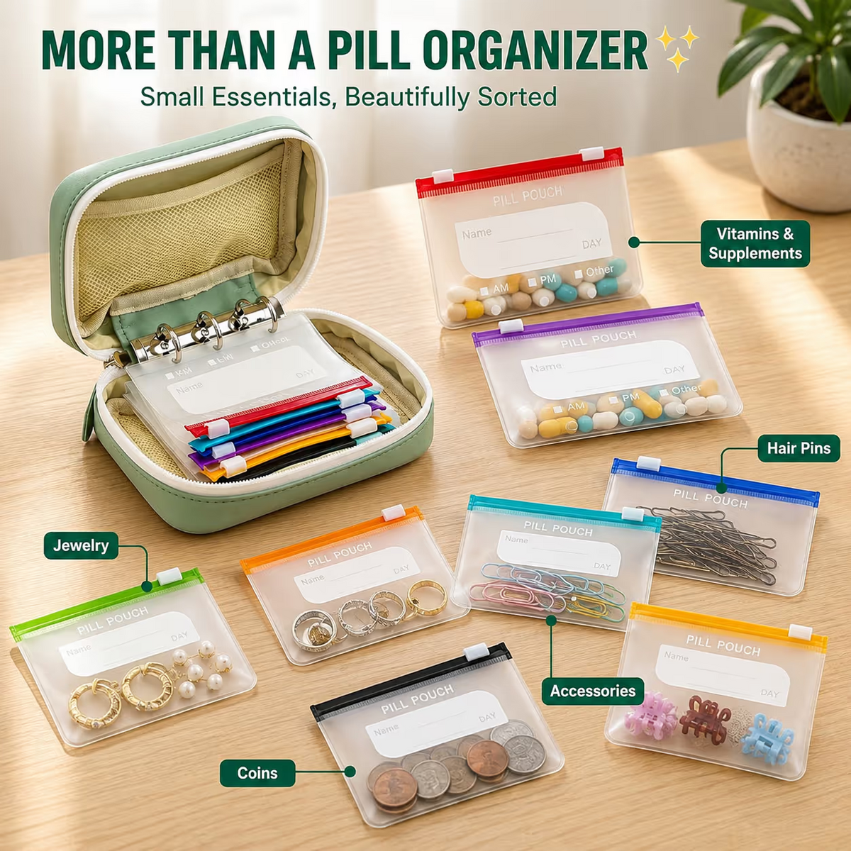 ✨2‑Week Pill Organizer Binder Case | 14 Reusable Color‑Coded Pill Pouch💊
