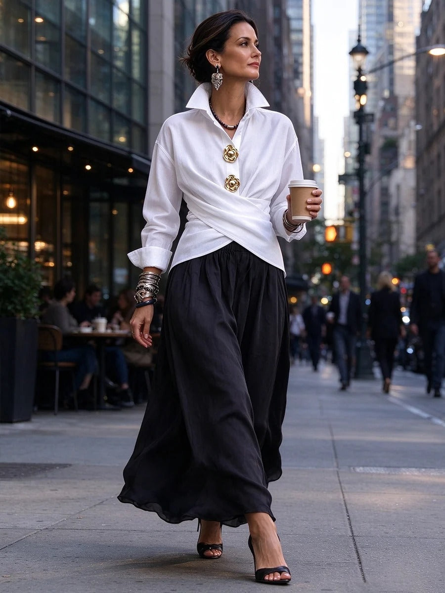 Chic Wrap-Front Shirt with Gold Floral Buttons