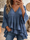 Women Blue Cotton Linen Tiered Ruffle Bell Sleeve Loose Babydoll Blouse