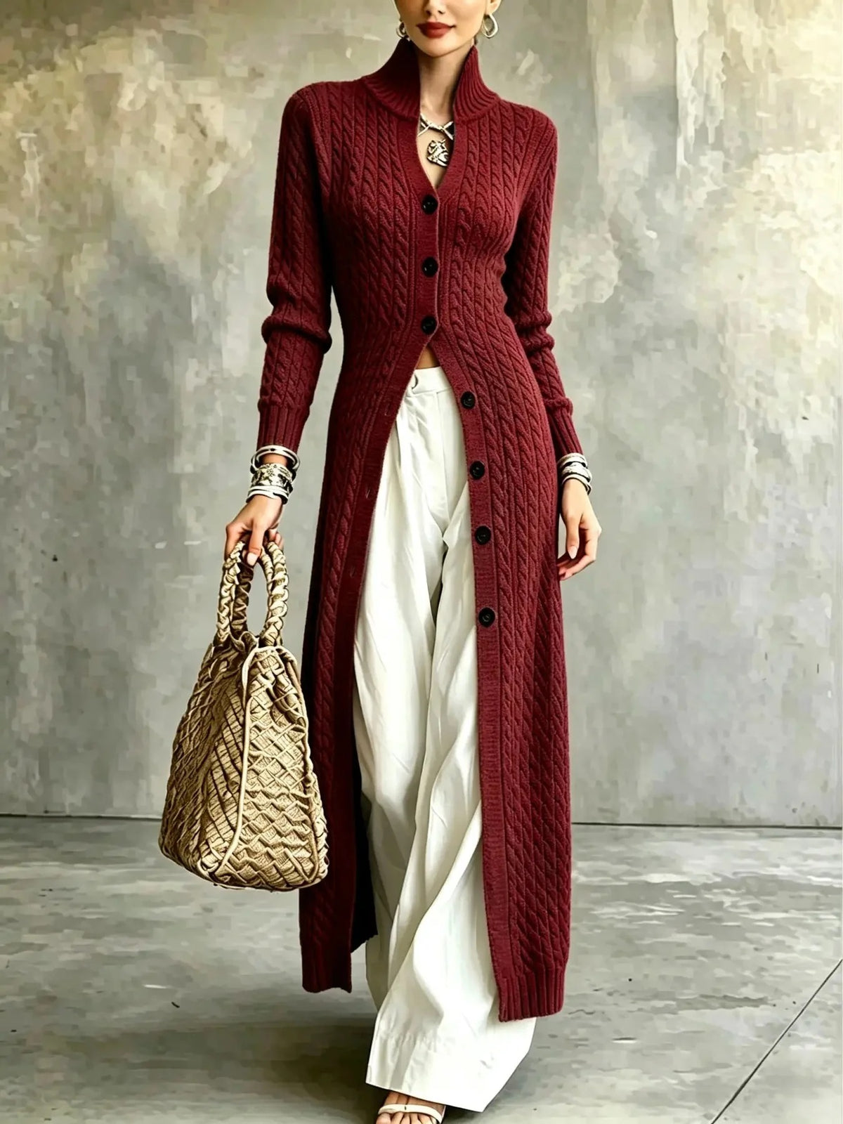 Limited time sale🔥Women's Stand Collar Single Button Cable Knit Long Cardigan