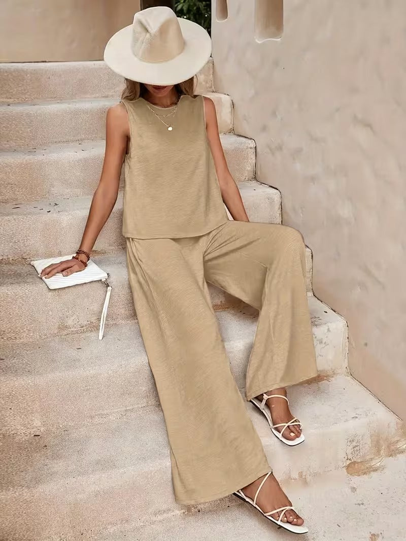 Women 2pcs Lounge Set, Crew Neck Sleeveless Tank Top Wide Leg Pants