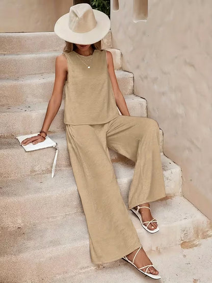 Women 2pcs Lounge Set, Crew Neck Sleeveless Tank Top Wide Leg Pants