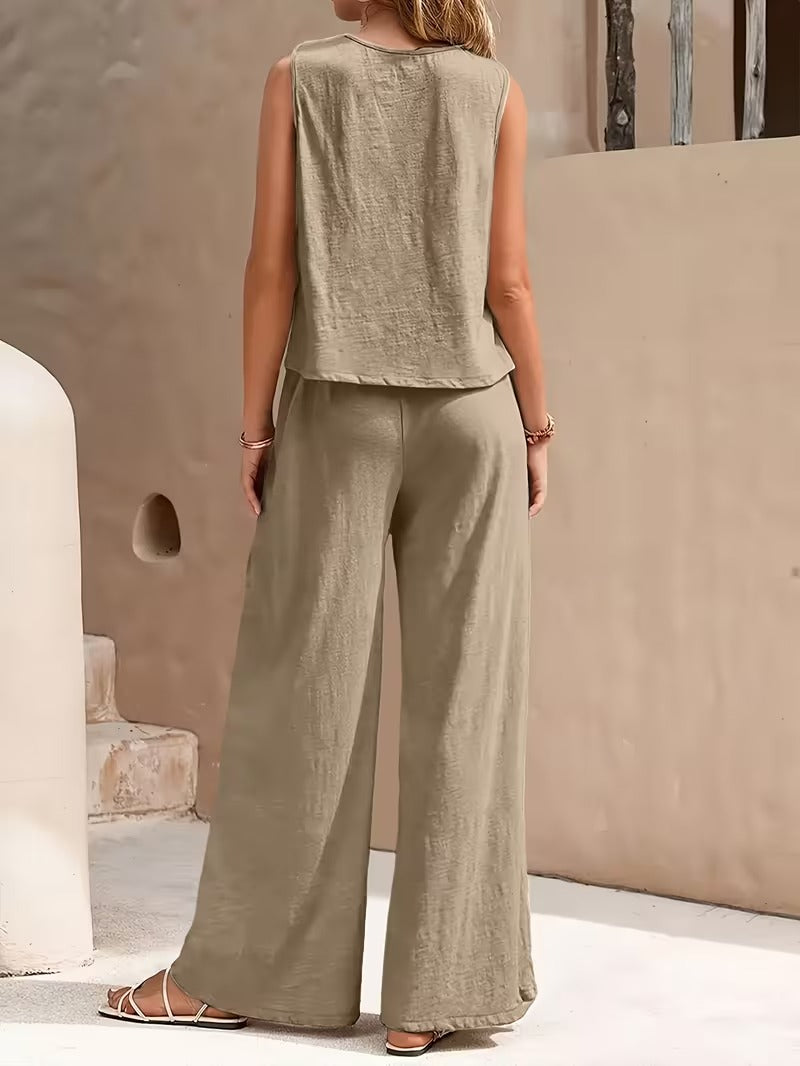 Women 2pcs Lounge Set, Crew Neck Sleeveless Tank Top Wide Leg Pants