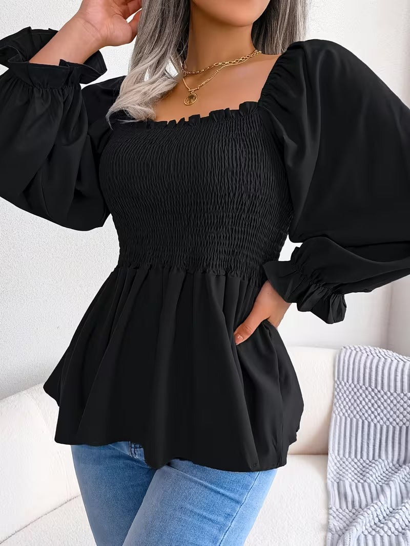 Casual Solid Color Square Neck Flared Sleeve Ruffle Hem