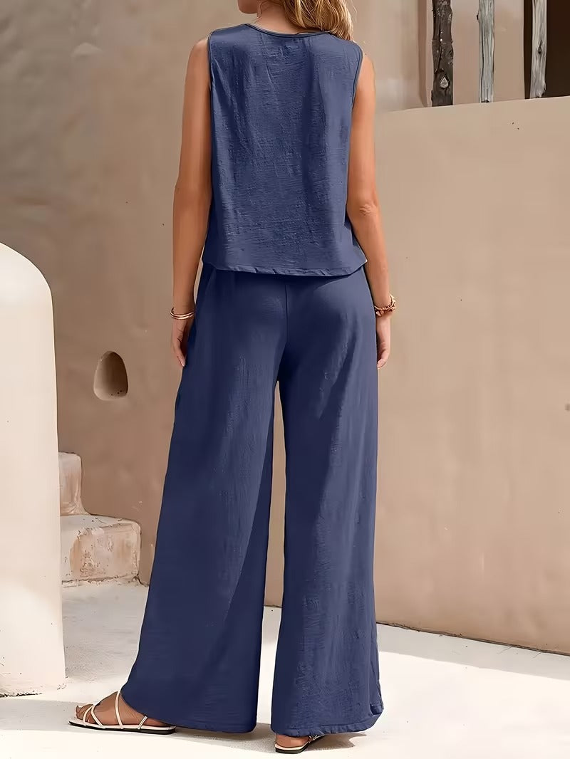 Women 2pcs Lounge Set, Crew Neck Sleeveless Tank Top Wide Leg Pants