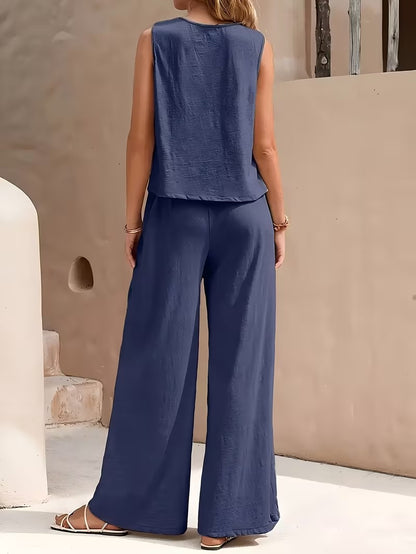 Women 2pcs Lounge Set, Crew Neck Sleeveless Tank Top Wide Leg Pants