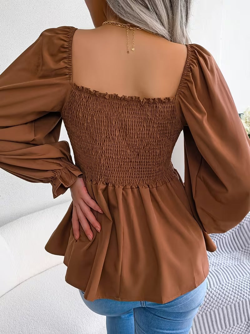 Casual Solid Color Square Neck Flared Sleeve Ruffle Hem