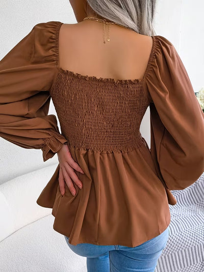 Casual Solid Color Square Neck Flared Sleeve Ruffle Hem
