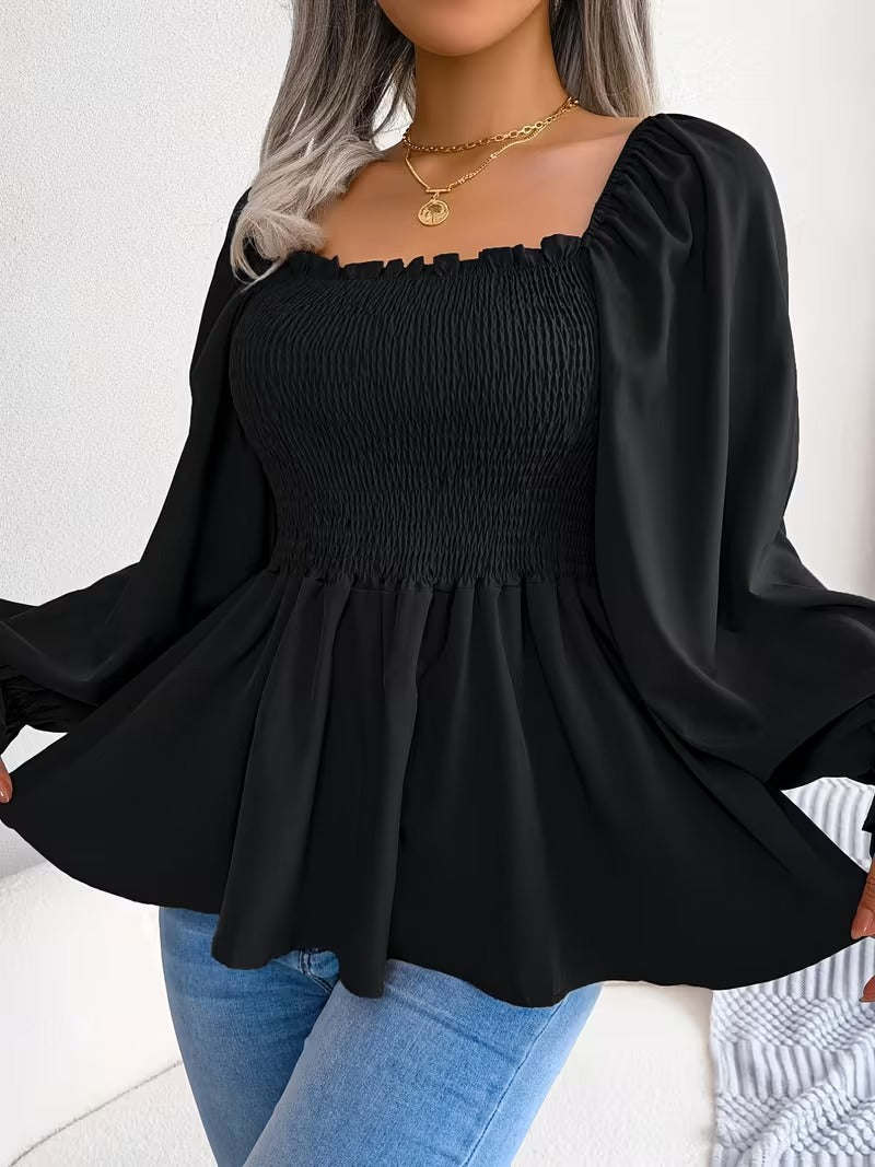 Casual Solid Color Square Neck Flared Sleeve Ruffle Hem