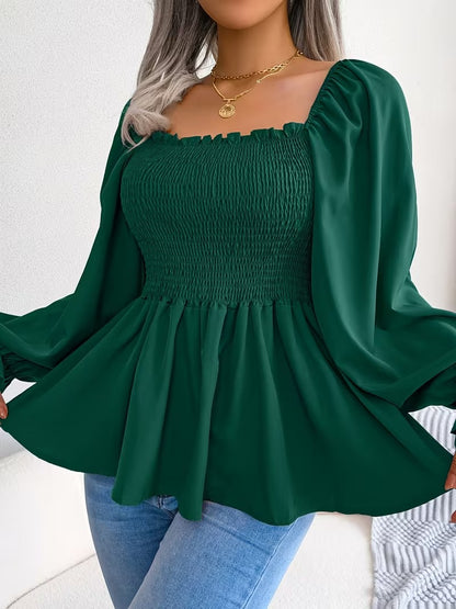 Casual Solid Color Square Neck Flared Sleeve Ruffle Hem