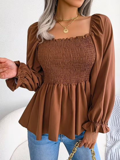 Casual Solid Color Square Neck Flared Sleeve Ruffle Hem
