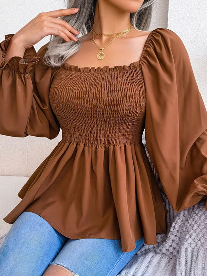 Casual Solid Color Square Neck Flared Sleeve Ruffle Hem