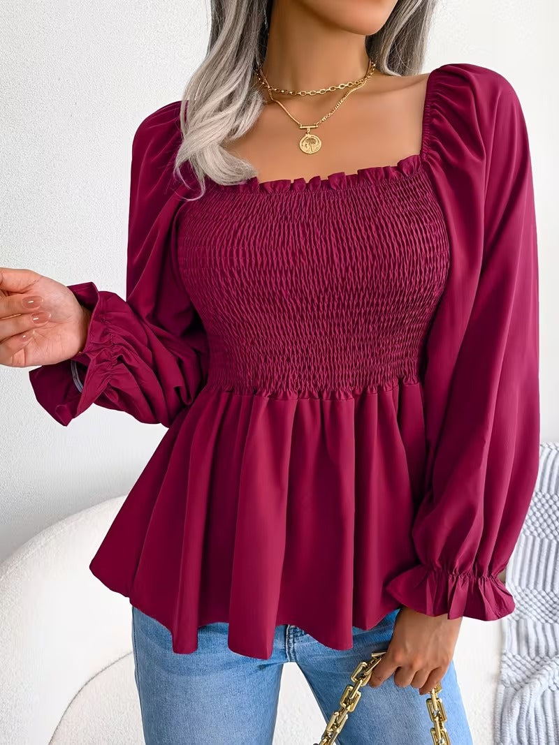 Casual Solid Color Square Neck Flared Sleeve Ruffle Hem