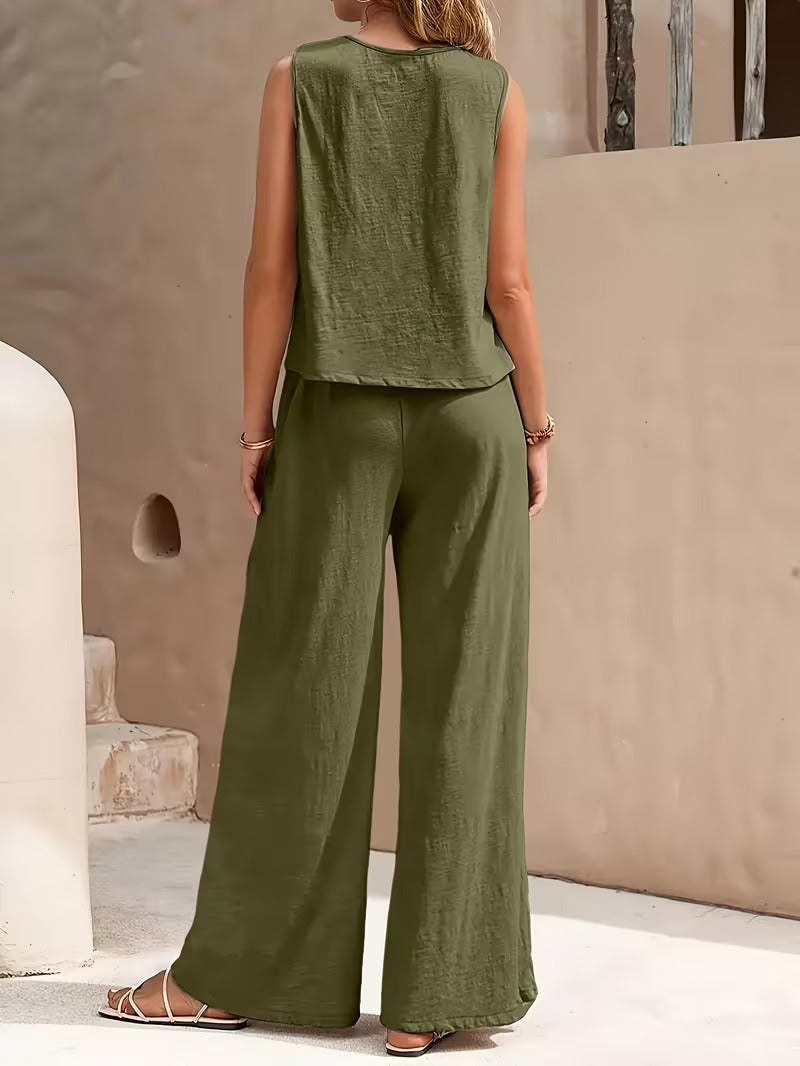 Women 2pcs Lounge Set, Crew Neck Sleeveless Tank Top Wide Leg Pants