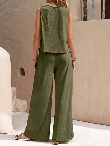 Women 2pcs Lounge Set, Crew Neck Sleeveless Tank Top Wide Leg Pants