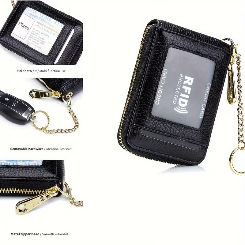 Women RFID Credit Card Holder Wallet, Keychain & ID Window Genuine Leather Zipper Card Case