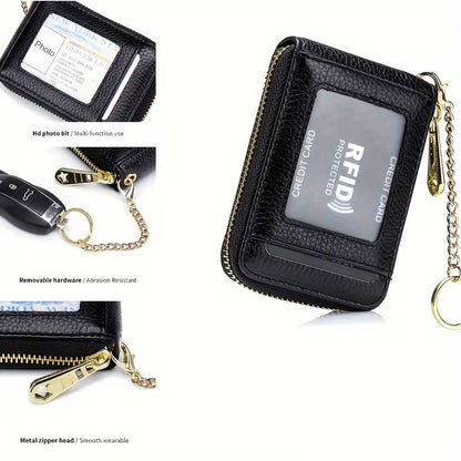 Women RFID Credit Card Holder Wallet, Keychain & ID Window Genuine Leather Zipper Card Case