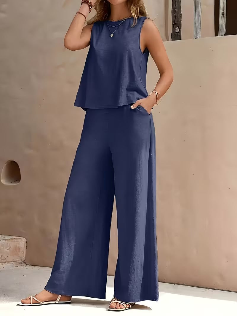 Women 2pcs Lounge Set, Crew Neck Sleeveless Tank Top Wide Leg Pants
