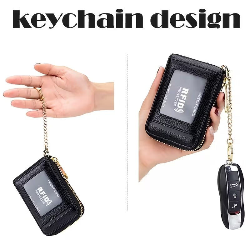 Women RFID Credit Card Holder Wallet, Keychain & ID Window Genuine Leather Zipper Card Case