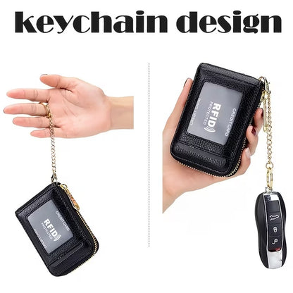 Women RFID Credit Card Holder Wallet, Keychain & ID Window Genuine Leather Zipper Card Case
