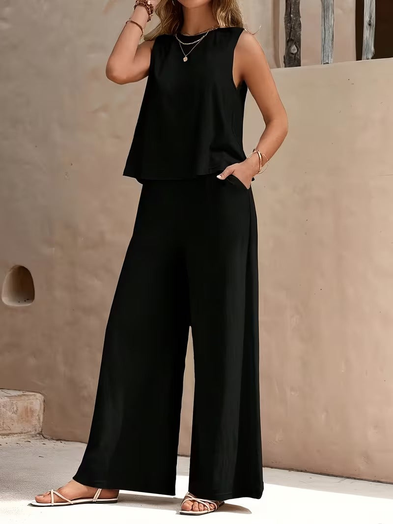 Women 2pcs Lounge Set, Crew Neck Sleeveless Tank Top Wide Leg Pants