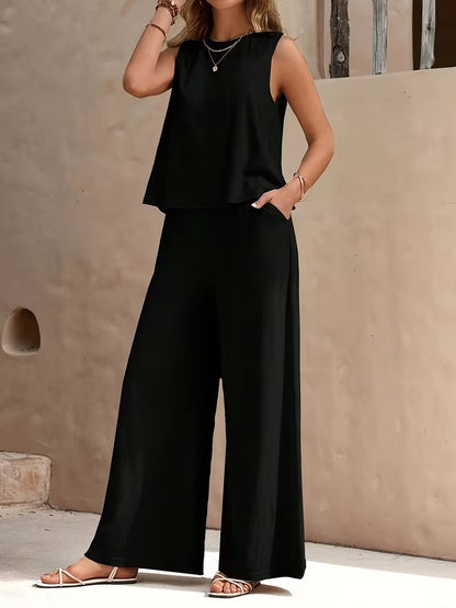 Women 2pcs Lounge Set, Crew Neck Sleeveless Tank Top Wide Leg Pants