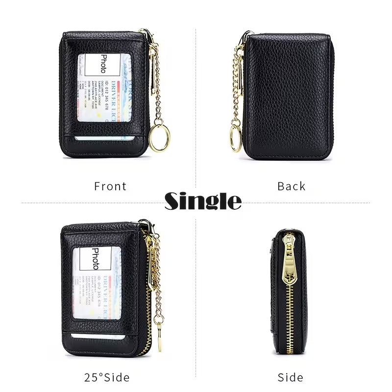 Women RFID Credit Card Holder Wallet, Keychain & ID Window Genuine Leather Zipper Card Case