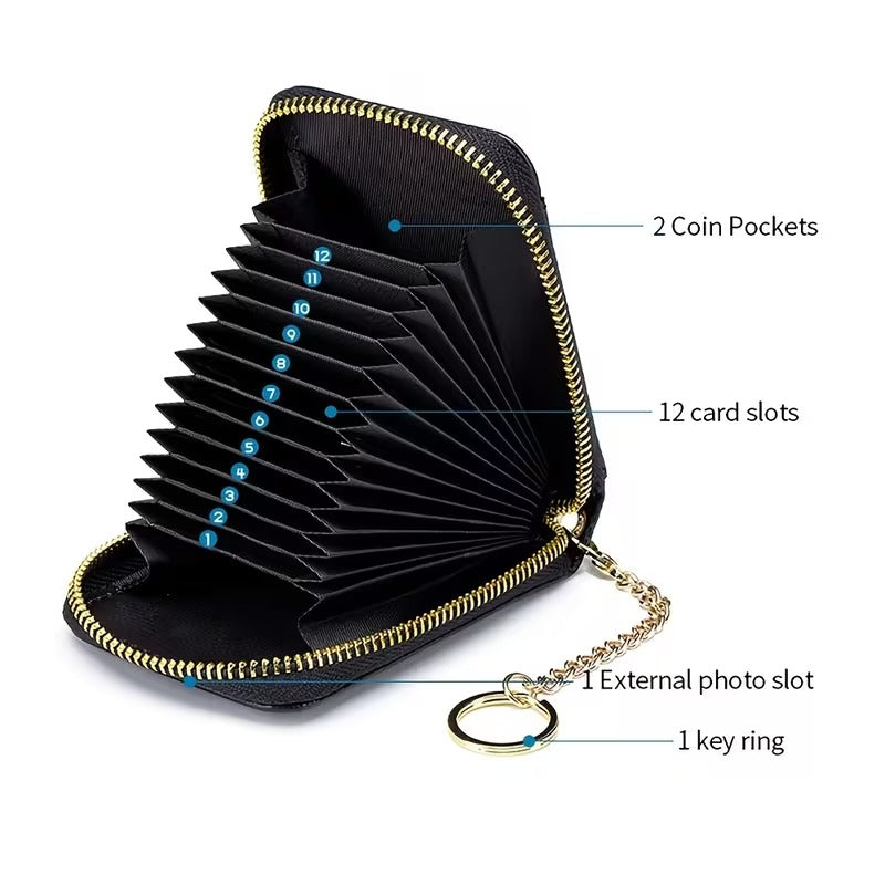 Women RFID Credit Card Holder Wallet, Keychain & ID Window Genuine Leather Zipper Card Case