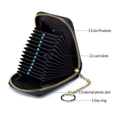 Women RFID Credit Card Holder Wallet, Keychain & ID Window Genuine Leather Zipper Card Case