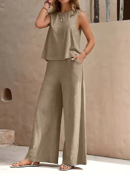 Women 2pcs Lounge Set, Crew Neck Sleeveless Tank Top Wide Leg Pants