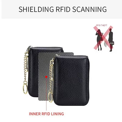 Women RFID Credit Card Holder Wallet, Keychain & ID Window Genuine Leather Zipper Card Case