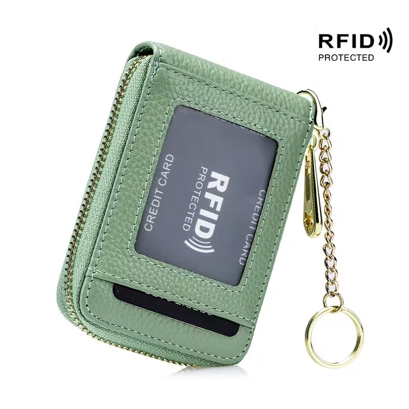 Women RFID Credit Card Holder Wallet, Keychain & ID Window Genuine Leather Zipper Card Case