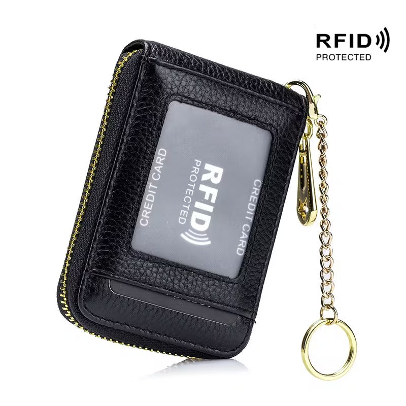 Women RFID Credit Card Holder Wallet, Keychain & ID Window Genuine Leather Zipper Card Case
