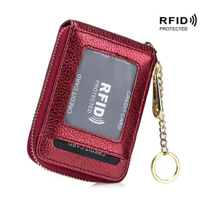 Women RFID Credit Card Holder Wallet, Keychain & ID Window Genuine Leather Zipper Card Case