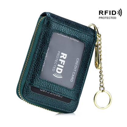 Women RFID Credit Card Holder Wallet, Keychain & ID Window Genuine Leather Zipper Card Case