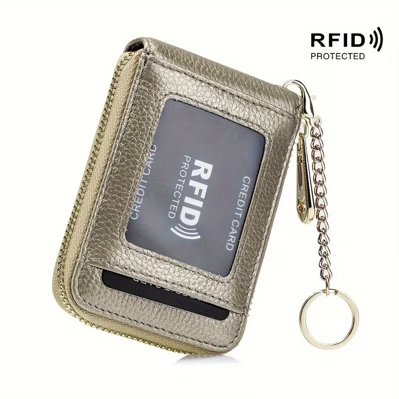 Women RFID Credit Card Holder Wallet, Keychain & ID Window Genuine Leather Zipper Card Case
