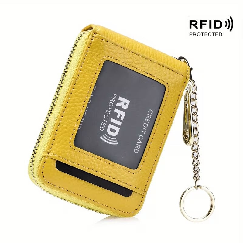 Women RFID Credit Card Holder Wallet, Keychain & ID Window Genuine Leather Zipper Card Case