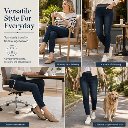 🤠Women's high-waisted jeans, stretchy, slim fit, dark blue, with wide elastic waistband