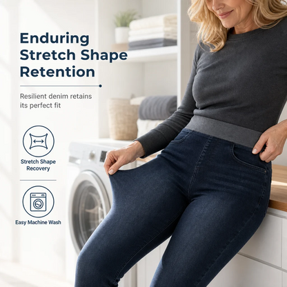 🤠Women's high-waisted jeans, stretchy, slim fit, dark blue, with wide elastic waistband