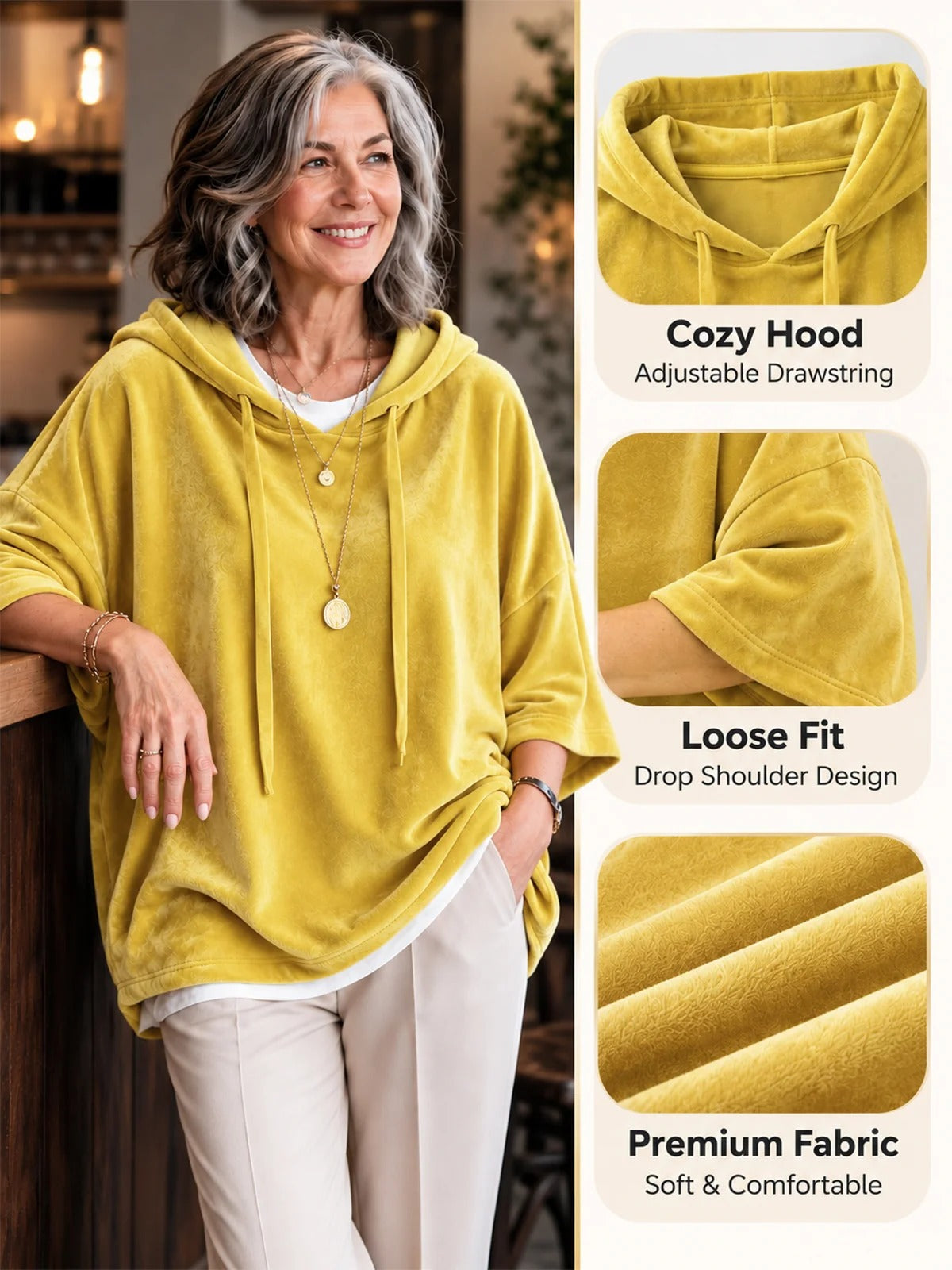 Women's Velour Oversized Hoodie 3/4 Sleeve