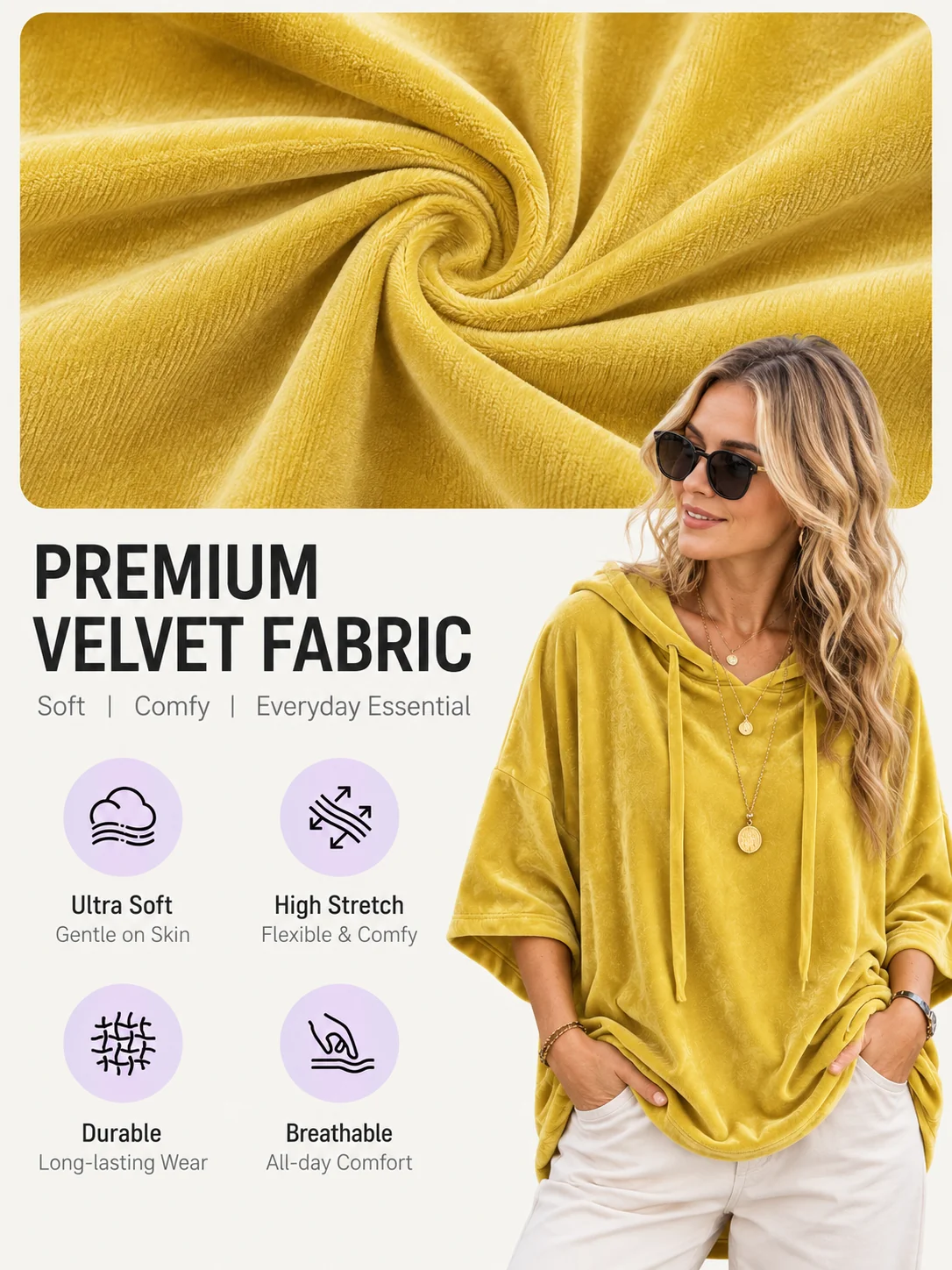 Women's Velour Oversized Hoodie 3/4 Sleeve