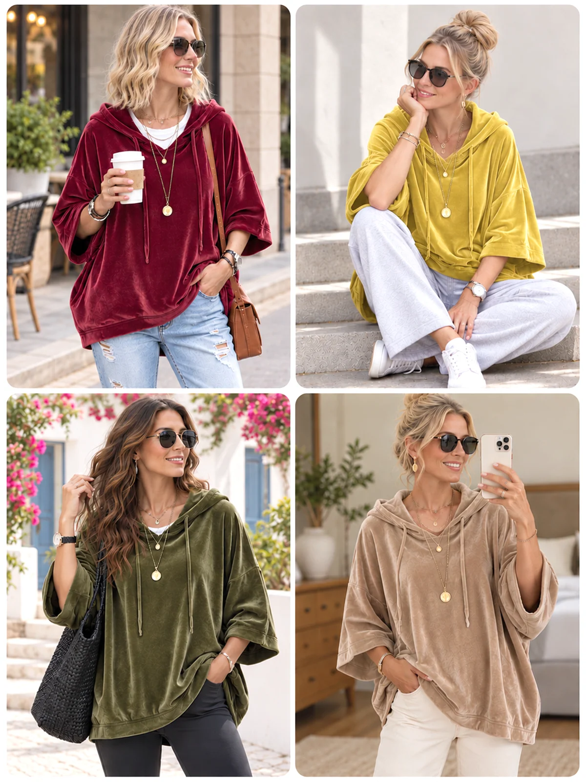 Women's Velour Oversized Hoodie 3/4 Sleeve