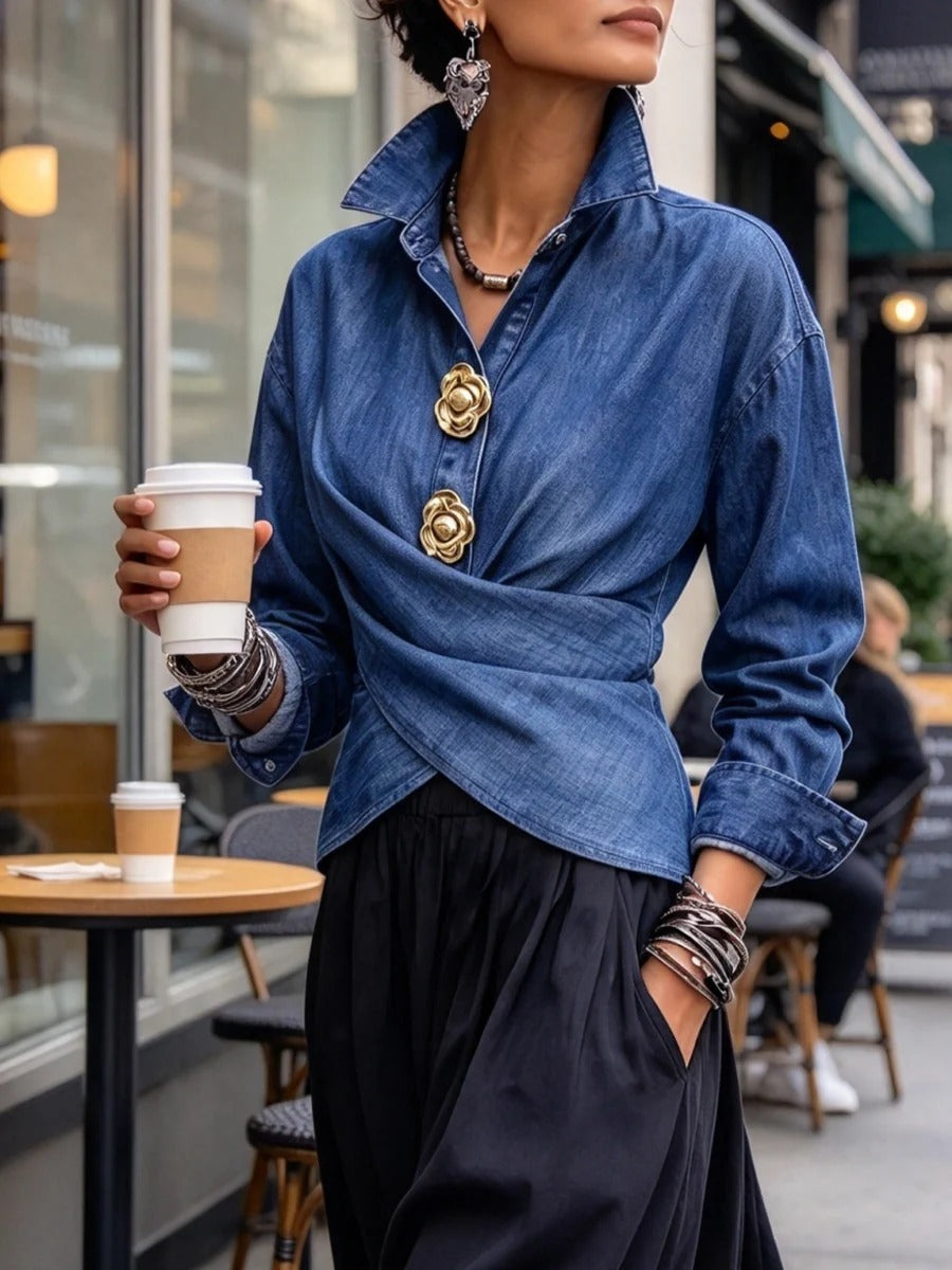 Chic Wrap-Front Shirt with Gold Floral Buttons