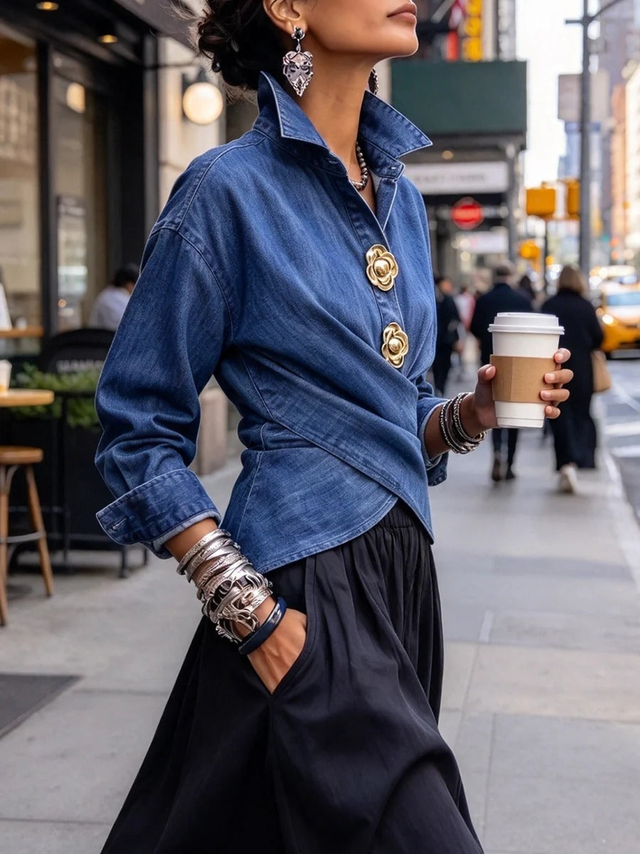 Chic Wrap-Front Shirt with Gold Floral Buttons