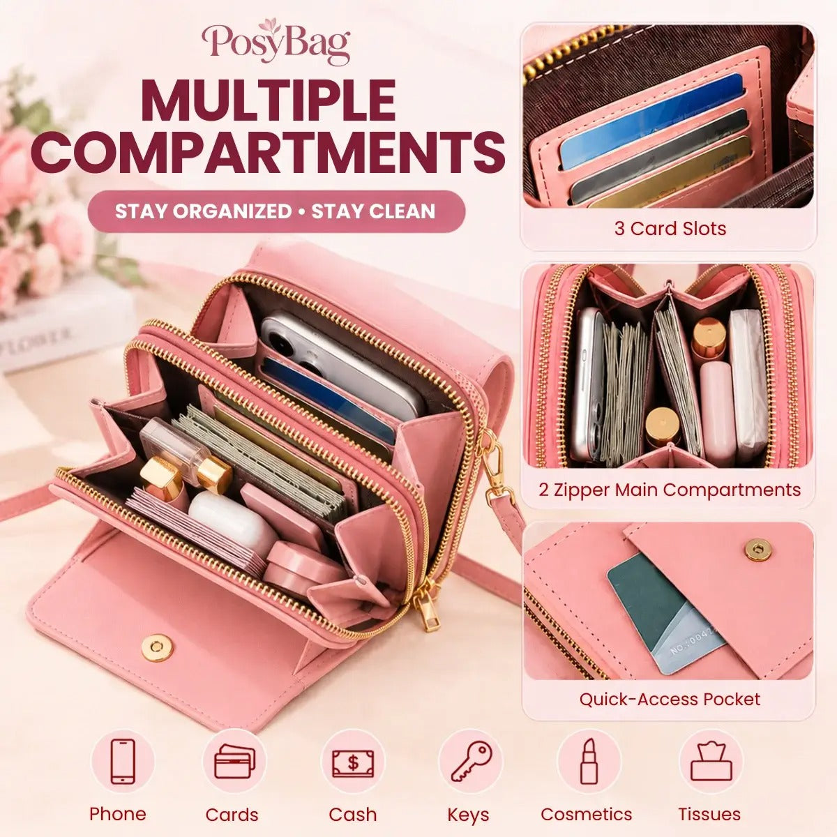 PosyBag - Touch Screen Waterproof Leather Crossbody Phone Bag for iPhone, Galaxy & Other